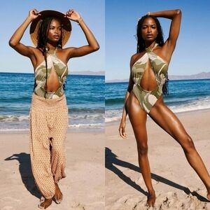 Out From Under Lucia Printed Wrap One Piece Cut Our Swimsuit in Camo Sz Med NWT